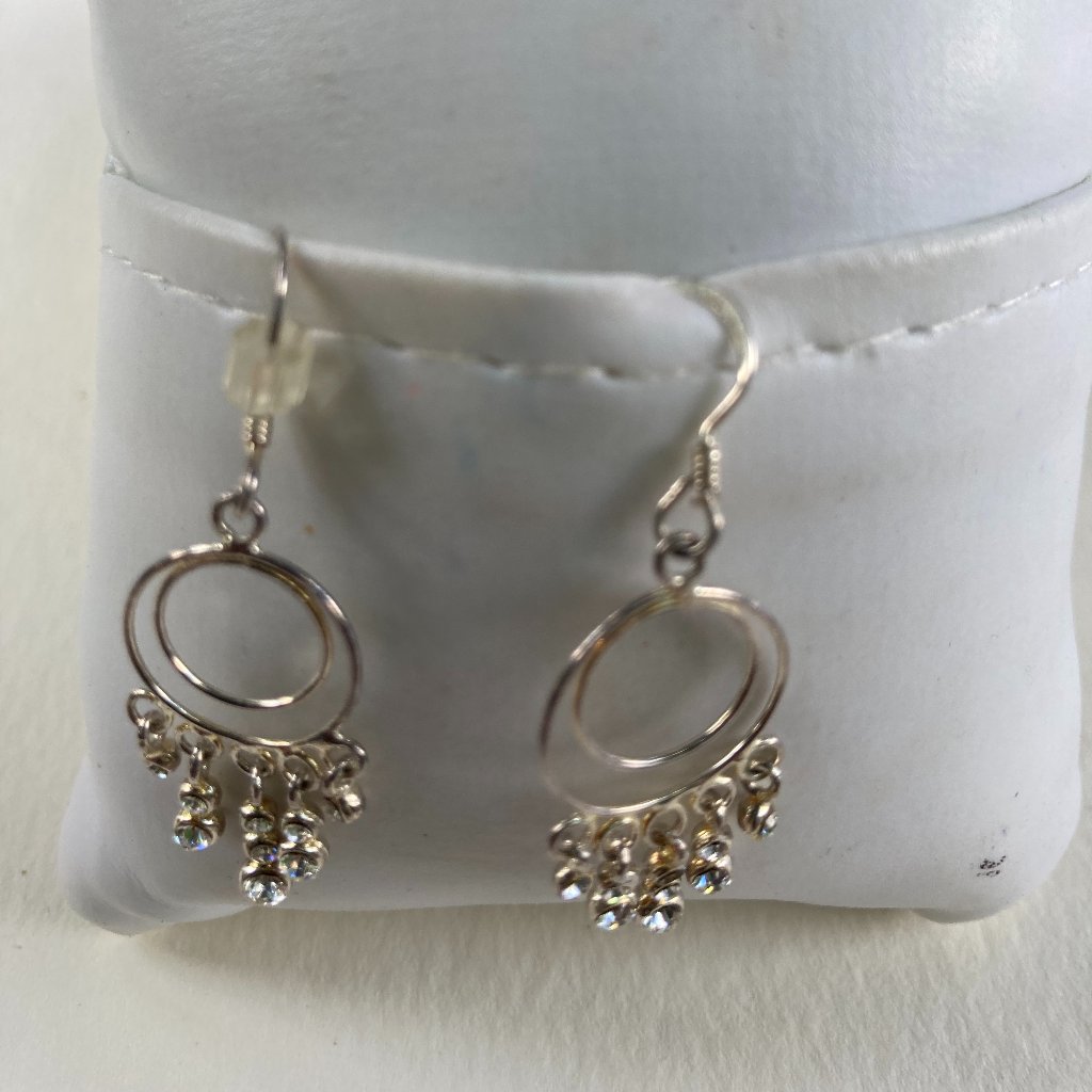 Dainty Sterling Silver Circles And Rhinestone Gems Dangle Earrings 17$